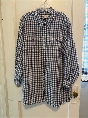 Lands End x Draper James 100% Linen Gingham Button Down Shirt Navy White Sz 2X